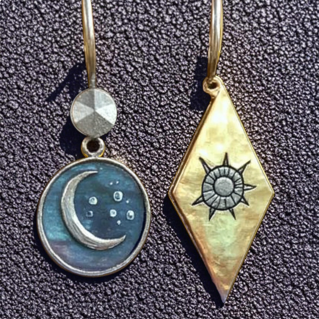 Sun & Moon Mismatched Earrings – Celestial Mixed Metal Dangles with Night and Day Design