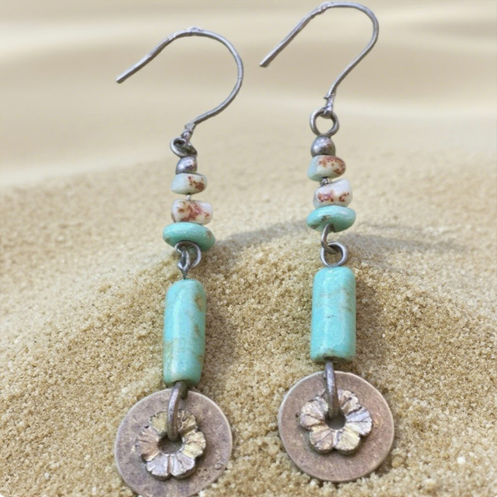 Earrings With Turquoise Beads And Rustic Floral Disc