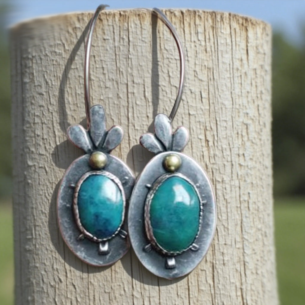 Rustic Oval Earrings with Turquoise Gemstones and Leaf Motif