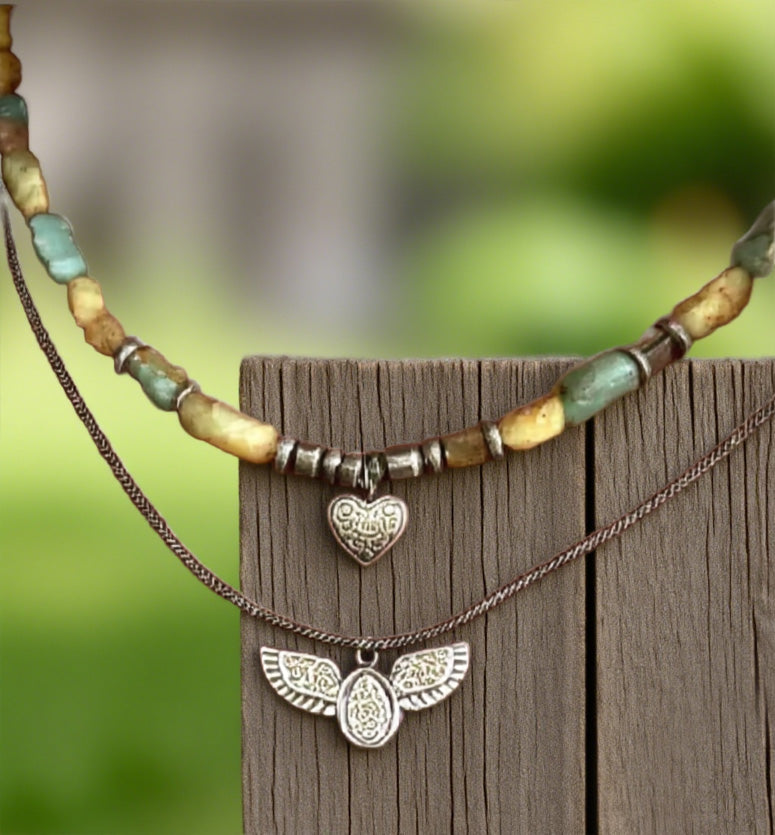 Bohemian Double Layer Tribal Necklace – Natural Stone Beads with Antique Heart & Winged Charm Pendants