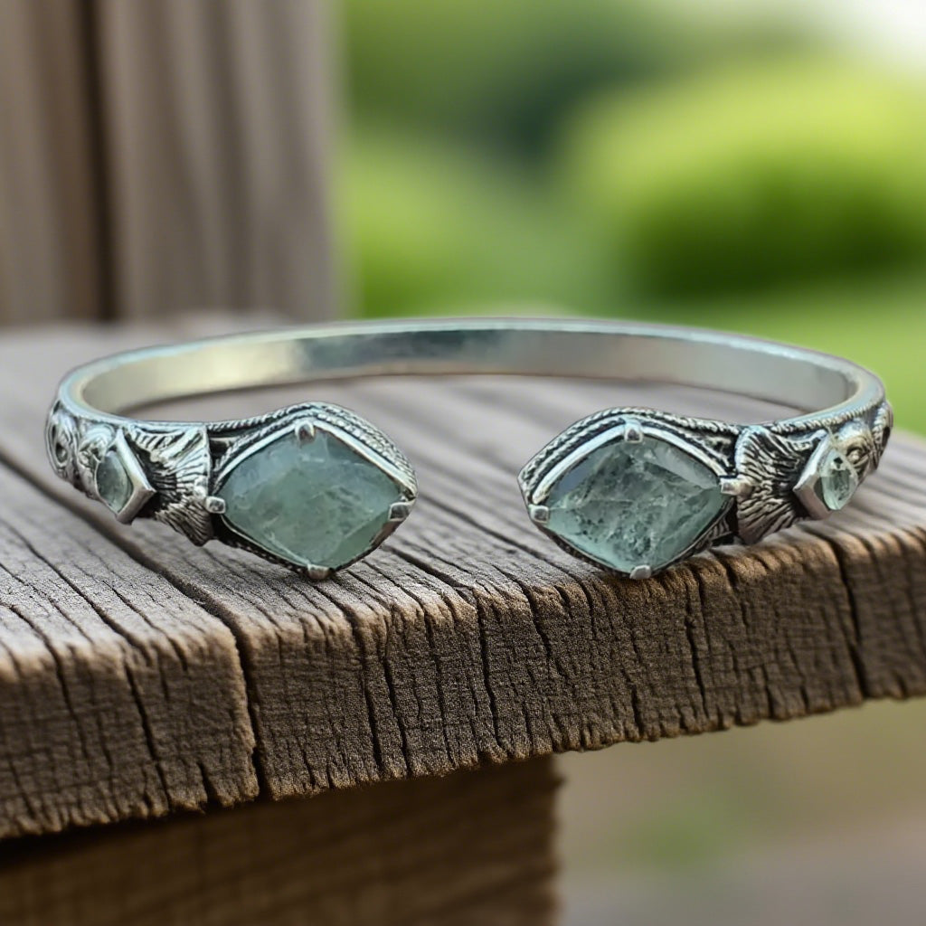 Vintage Boho Cuff Bracelet with Raw Green Fluorite Stones – Handcrafted Open Bangle for Women