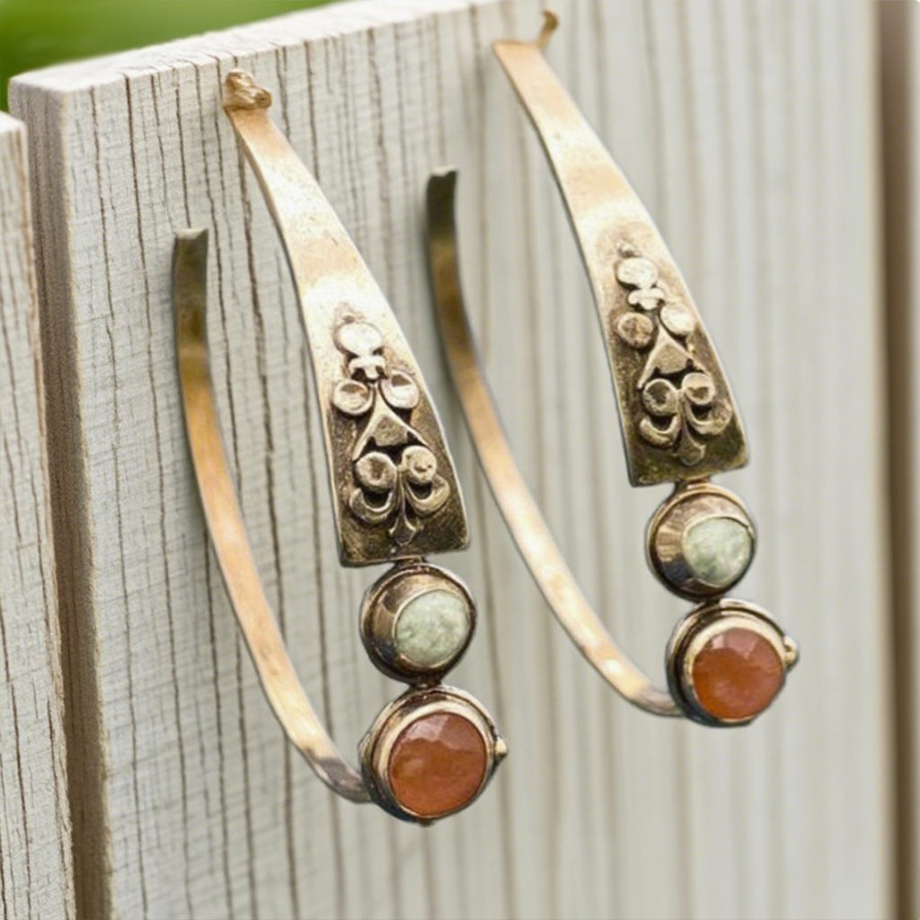 Rustic Gemstone Hoop Earrings – Vintage Bronze Floral Design with Dual Stone Accents