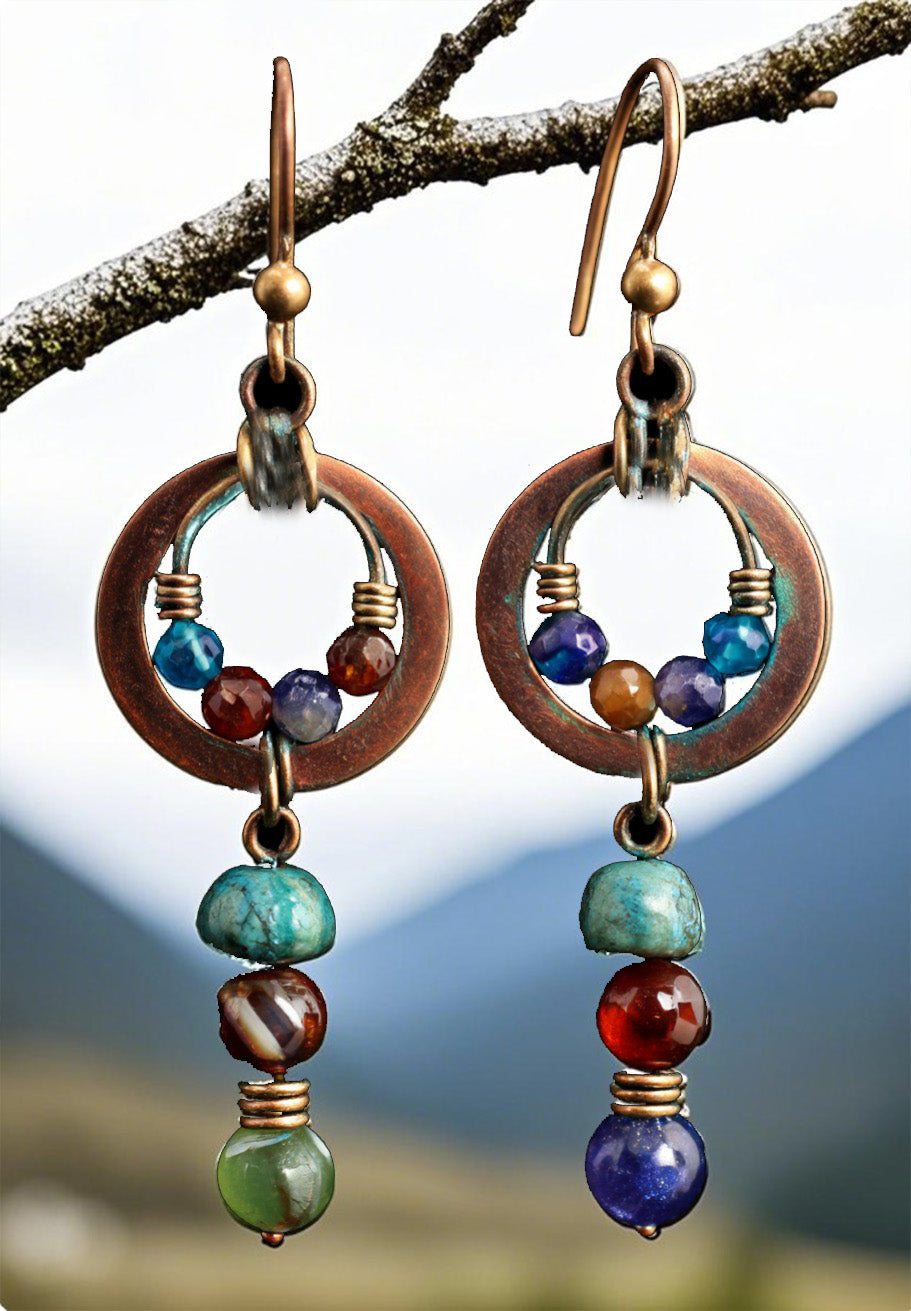 Boho Multicolor Gemstone Dangle Earrings – Vintage Bronze Hoop Earrings with Natural Stone Beads