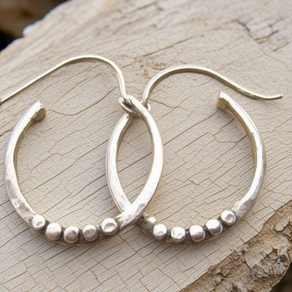 Minimalist  Silver Drop Earrings – Handcrafted Organic Oval Hoops with Dot Detail
