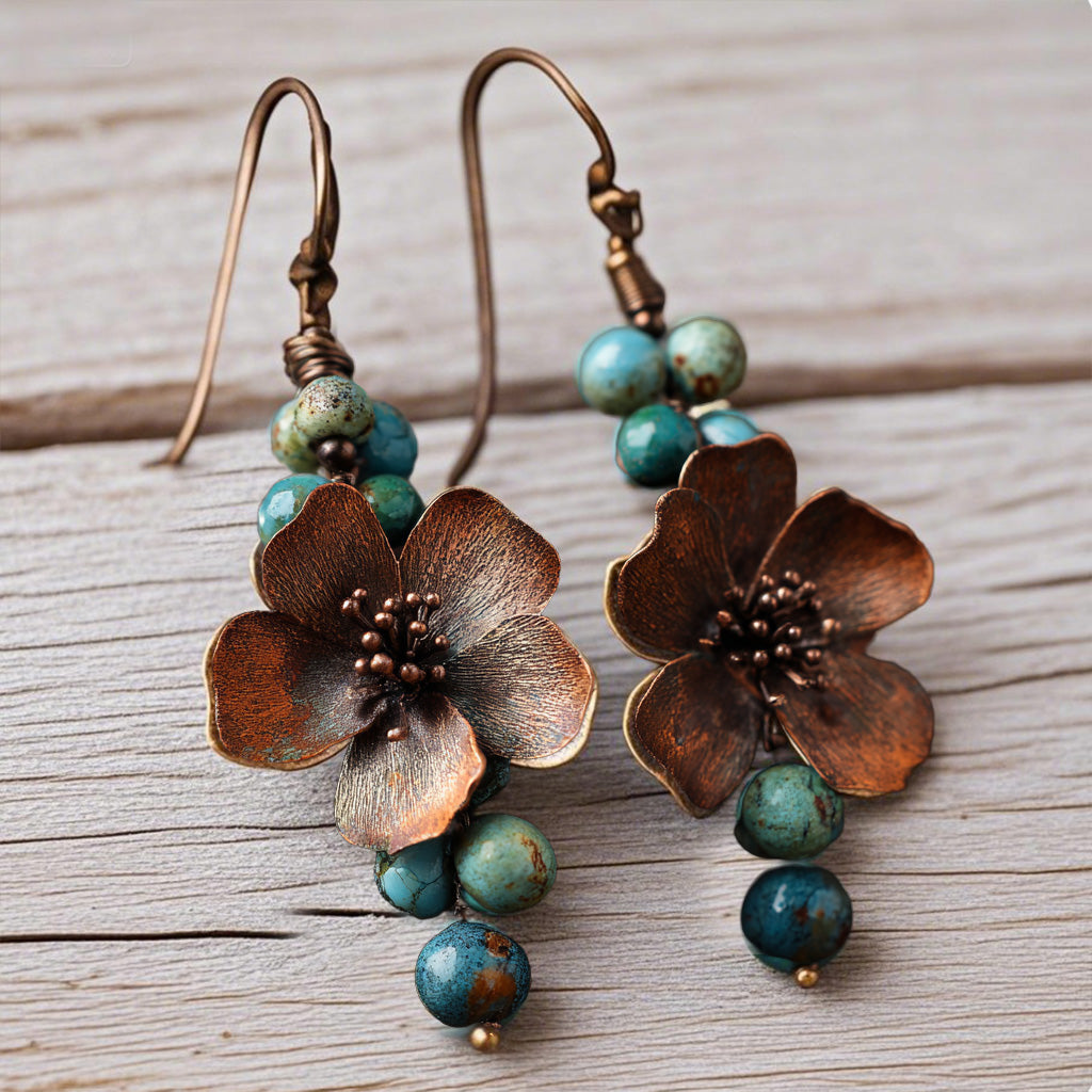 Rustic Copper Flower Earrings with Turquoise Bead Accents