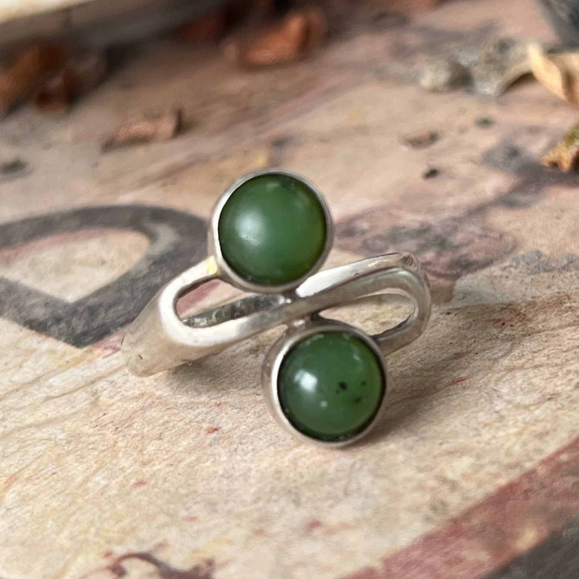 Sterling Silver Open Ring with Dual Green Stones – Minimalist Yin Yang Inspired Adjustable Jewelry