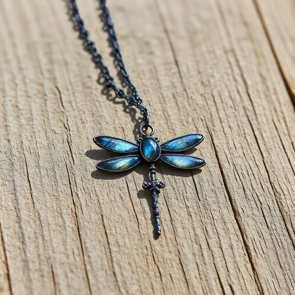 Luminous Dragonfly Pendant Necklace – Handmade Blue Iridescent Wings with Sword Detail, Gothic Nature-Inspired Jewelry