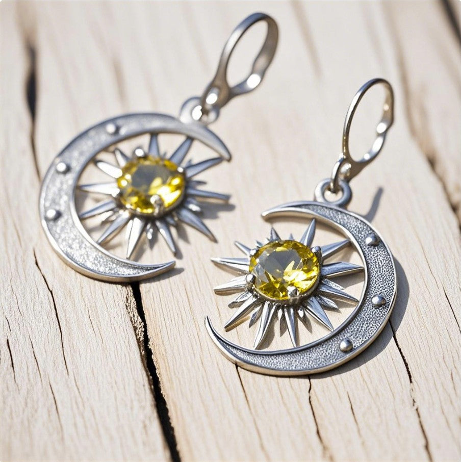 Sun and Moon Sterling Silver Earrings with Yellow Gemstone