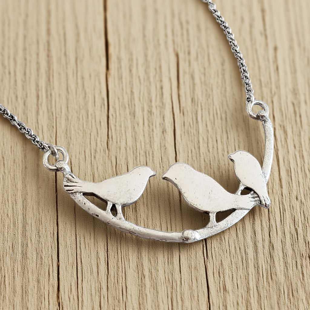 Sterling Silver Birds on Branch Necklace – Family-Inspired Nature Pendant Jewelry for Women & Girls