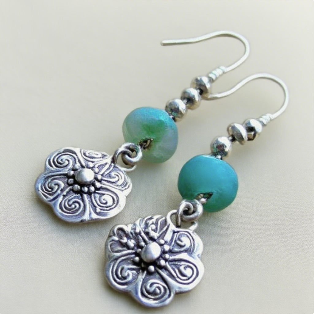 Boho Silver Floral Dangle Earrings with Aqua Beads – Handmade Vintage-Inspired Jewelry