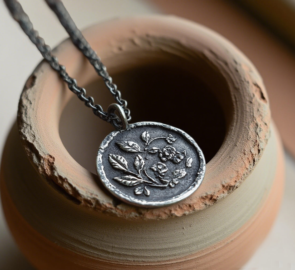 Vintage Floral Wax Seal Pendant Necklace – Antique Silver Round Medallion with Botanical Relief Design