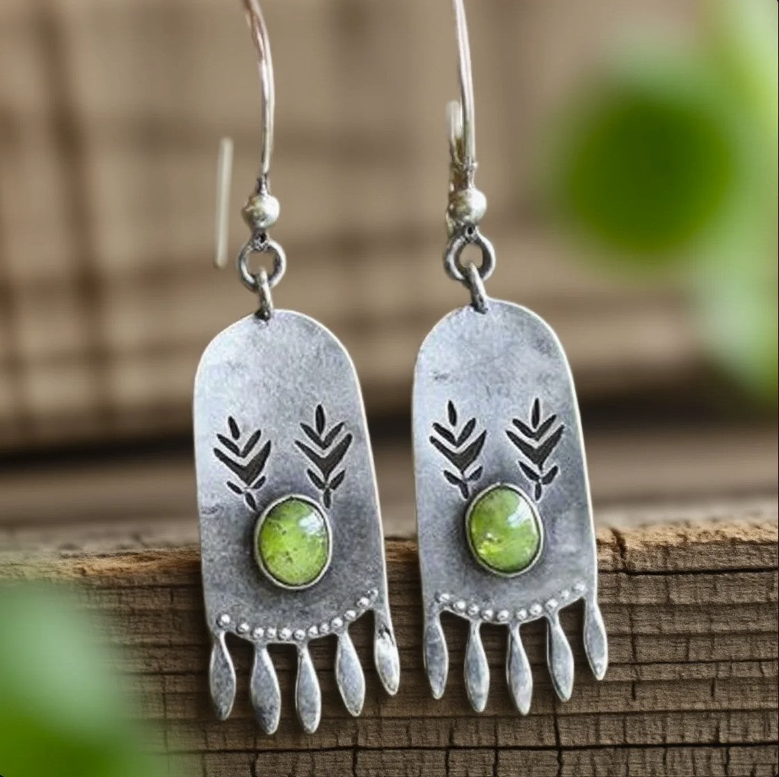 Tribal-Inspired Silver Dangle Earrings with Green Stone and Leaf Etching
