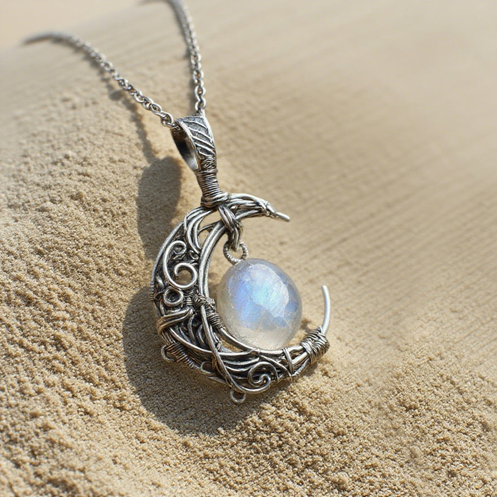 Handcrafted Crescent Moon Necklace with Rainbow Moonstone – Wire Wrapped Silver Lunar Pendant