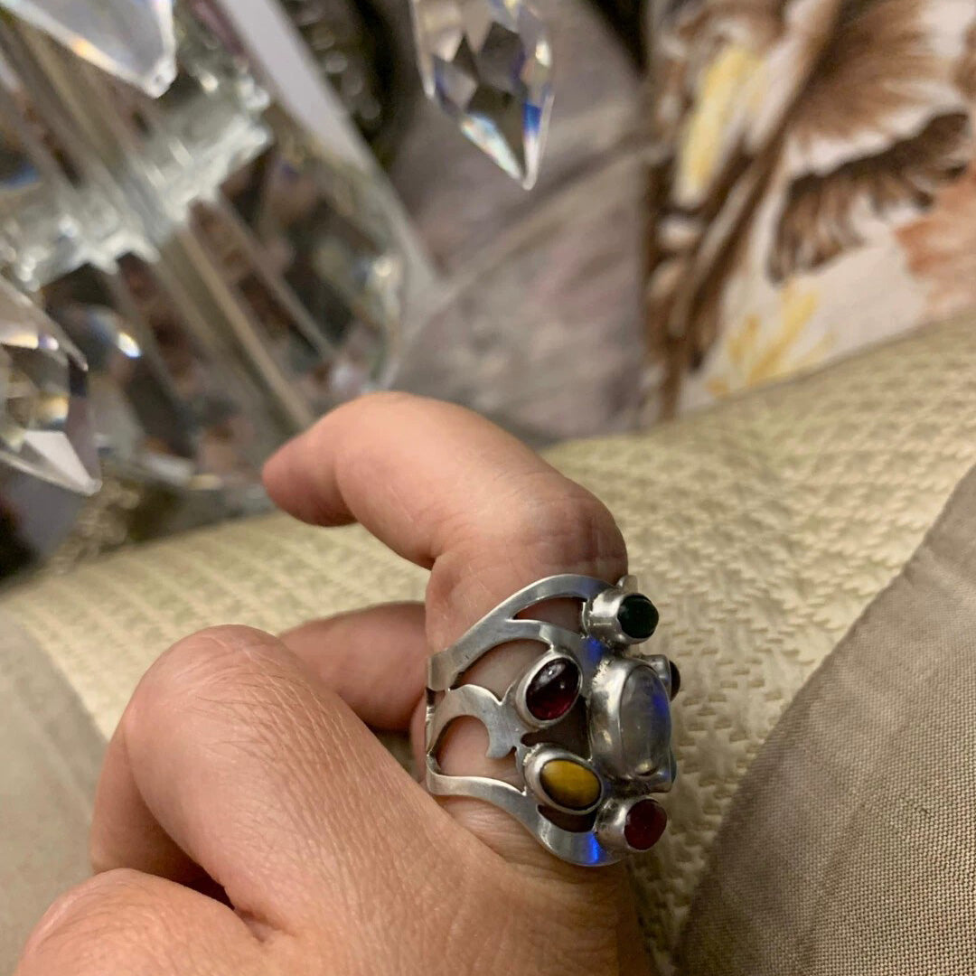Handcrafted Sterling Silver Multi-Gemstone Ring with Unique Design