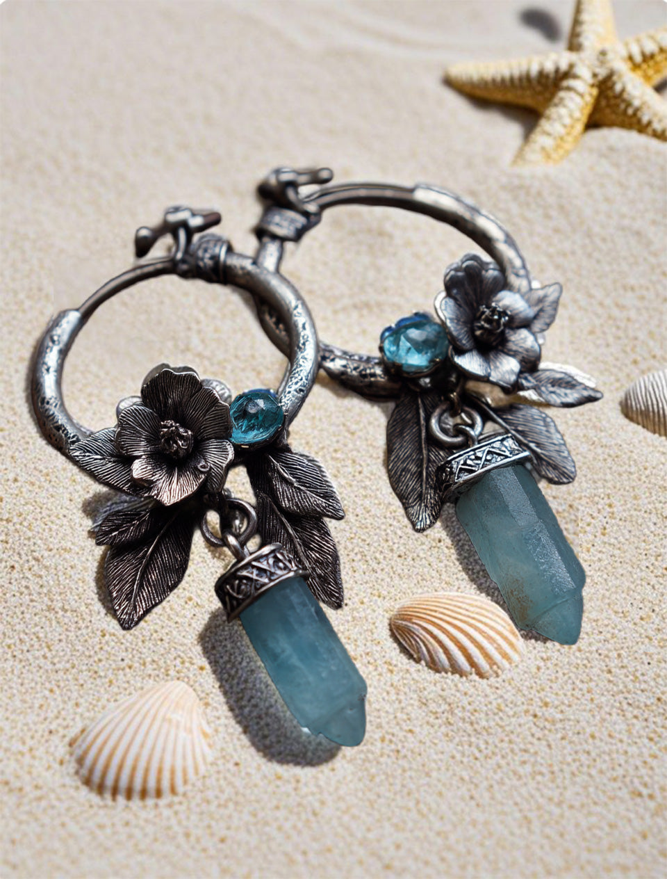 Vintage Floral Crystal Dangle Earrings – Antique Silver Hoop Earrings with Blue Quartz Point and Leaf Detail