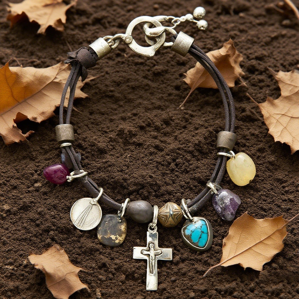Boho Leather Charm Bracelet – Natural Stone Beads with Cross Pendant & Spiritual Charms