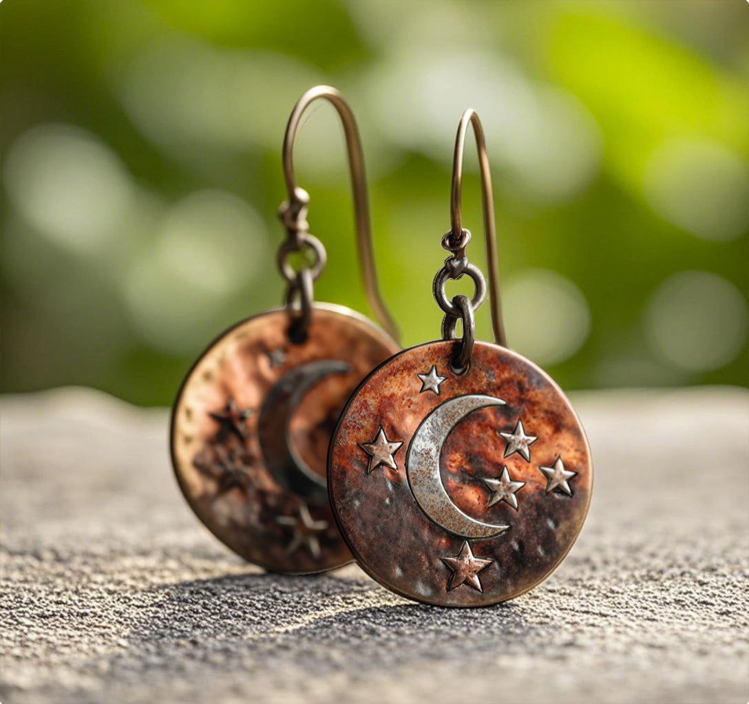 Vintage Copper Crescent Moon and Stars Earrings