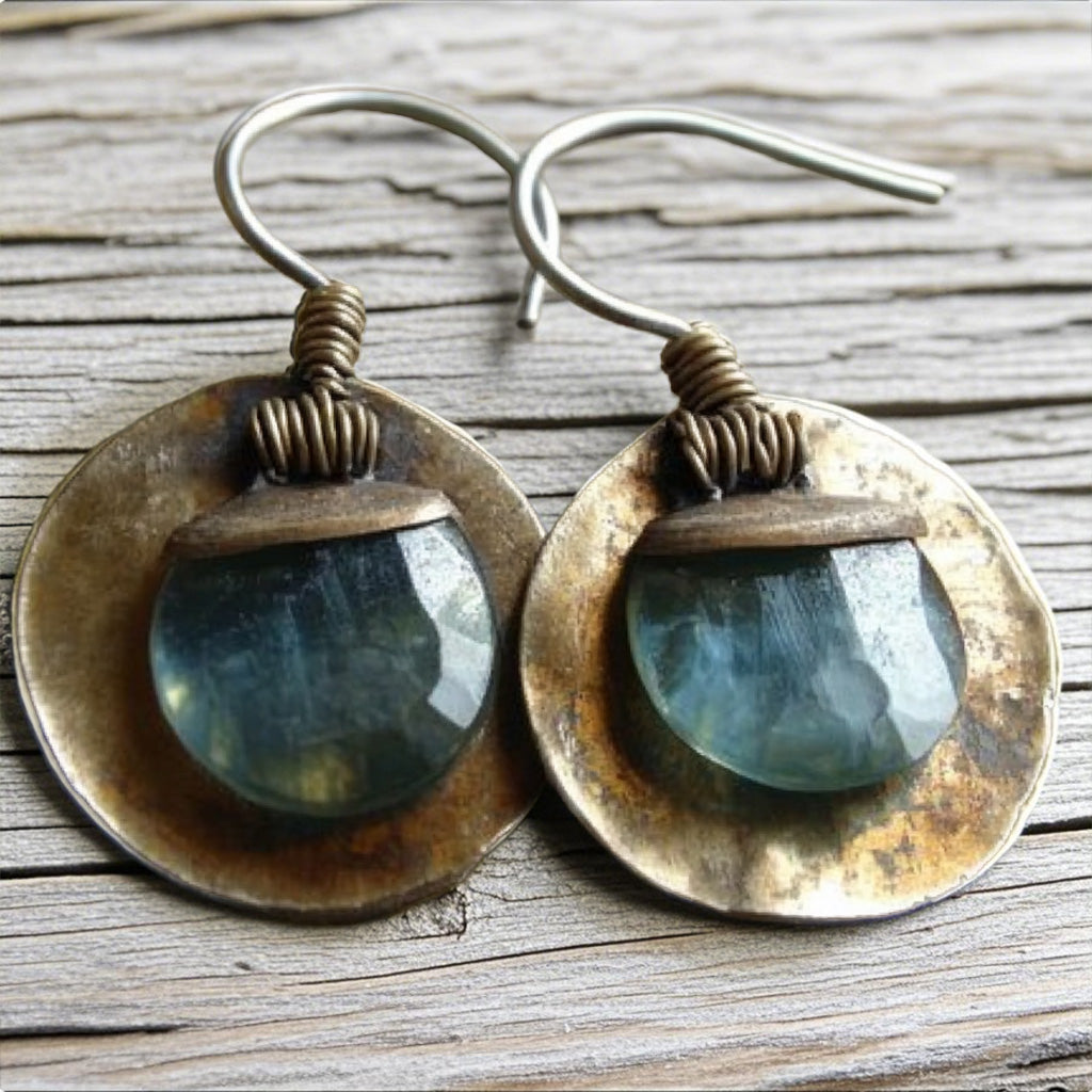 Rustic Boho Circle Earrings – Faceted Blue Gemstone Drops with Aged Brass Discs