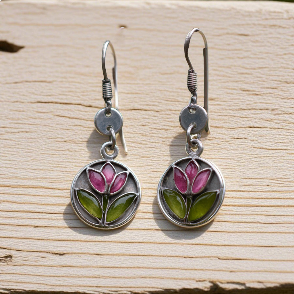 Stained Glass Flower Earrings – Pink & Green Enamel Floral Dangles in Silver Frame