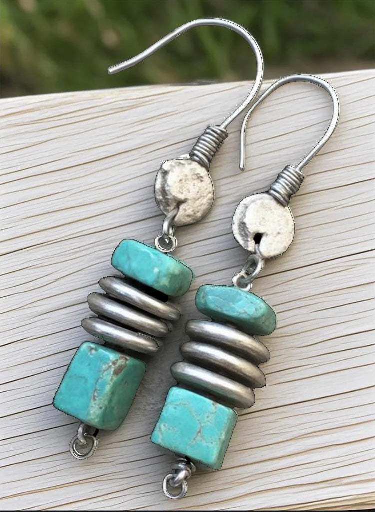 Rustic Turquoise & Metal Spacer Earrings – Handmade Boho Tribal Drop Jewelry