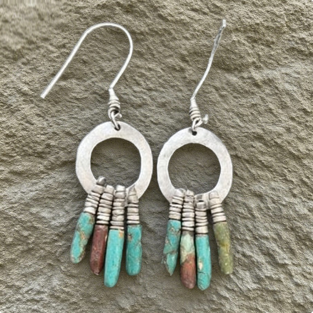 Handcrafted Rustic Hoop Earrings with Turquoise Stick Beads – Bohemian Tribal Style