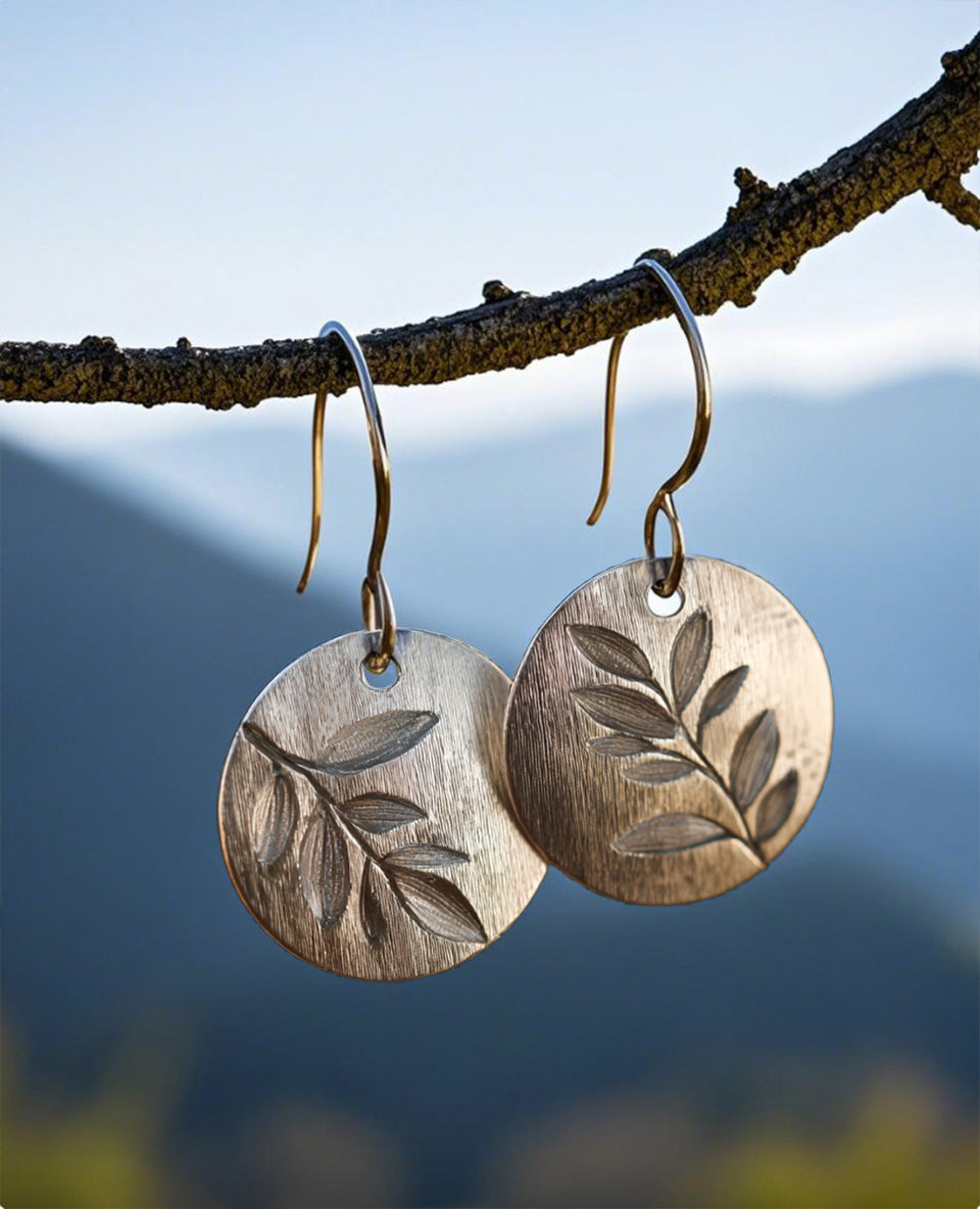Botanical Etched Disc Earrings – Handcrafted Silver-Tone Leaf Medallion Dangles