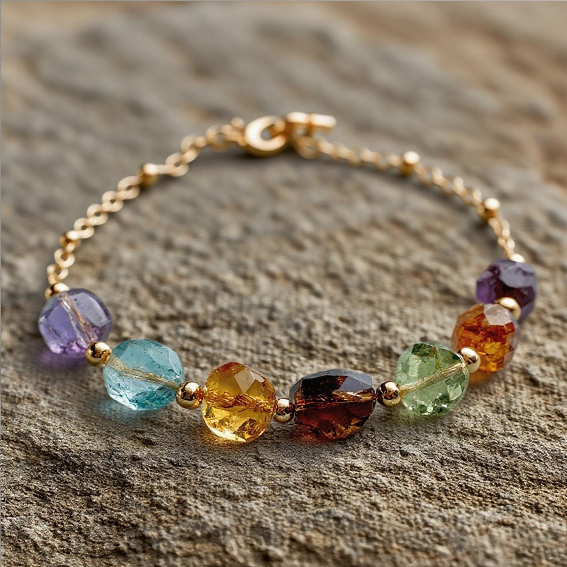 Multicolor Natural Gemstone Bracelet – Handmade Crystal Bead Chain with Gold Plated Clasp