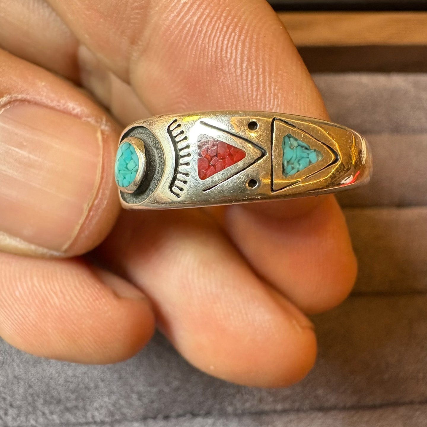 Southwestern Inlay Turquoise & Coral Sterling Silver Ring