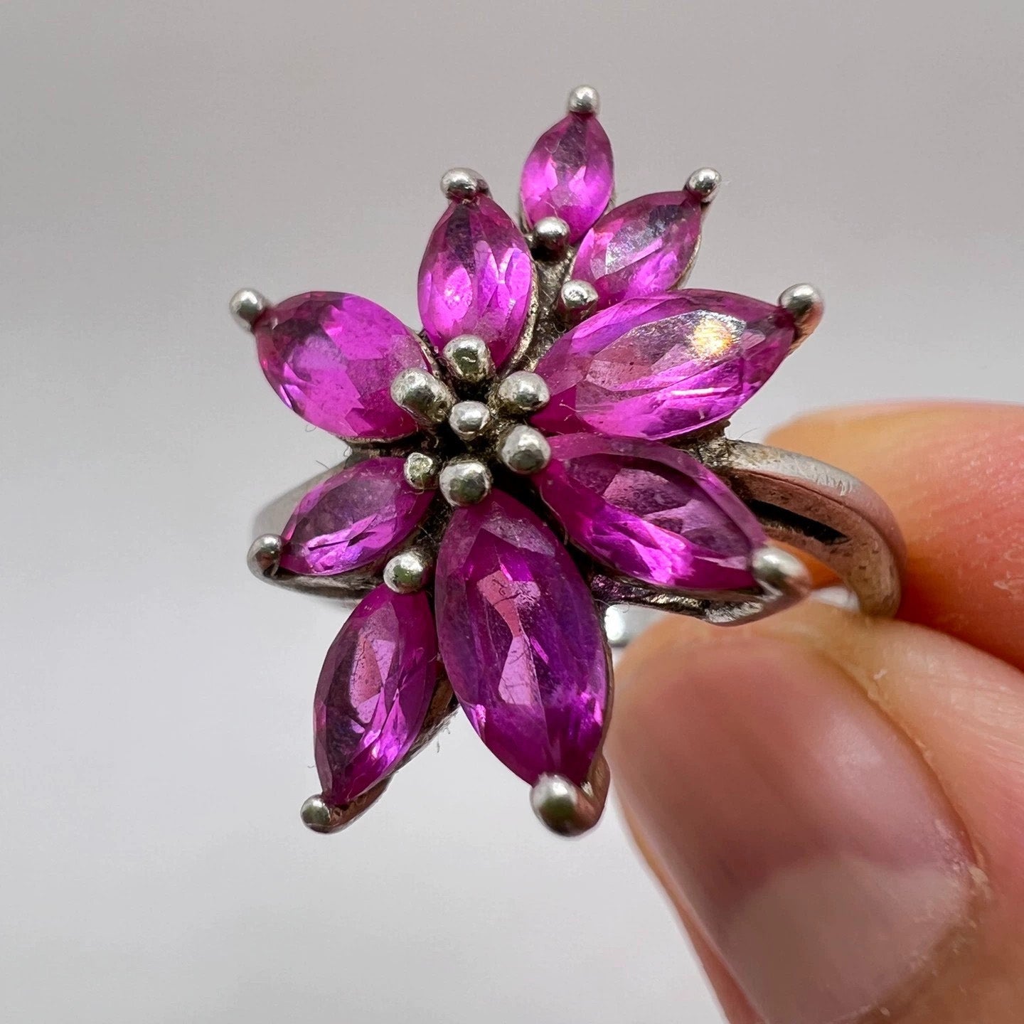 Elegant Pink Marquise Gemstone Flower Ring - Vintage Sterling Silver