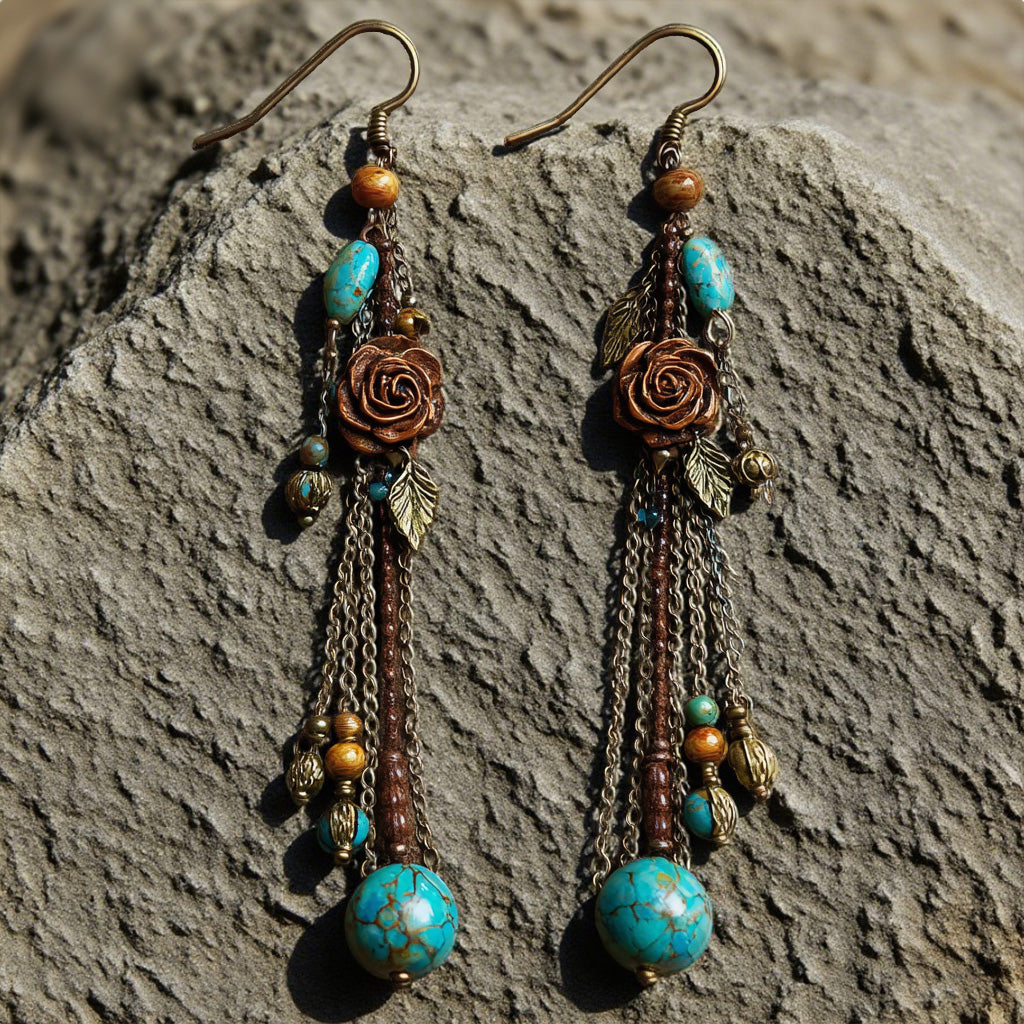 Boho Turquoise Earrings – Rose & Bead Dangle Vintage Floral Long Drop Design
