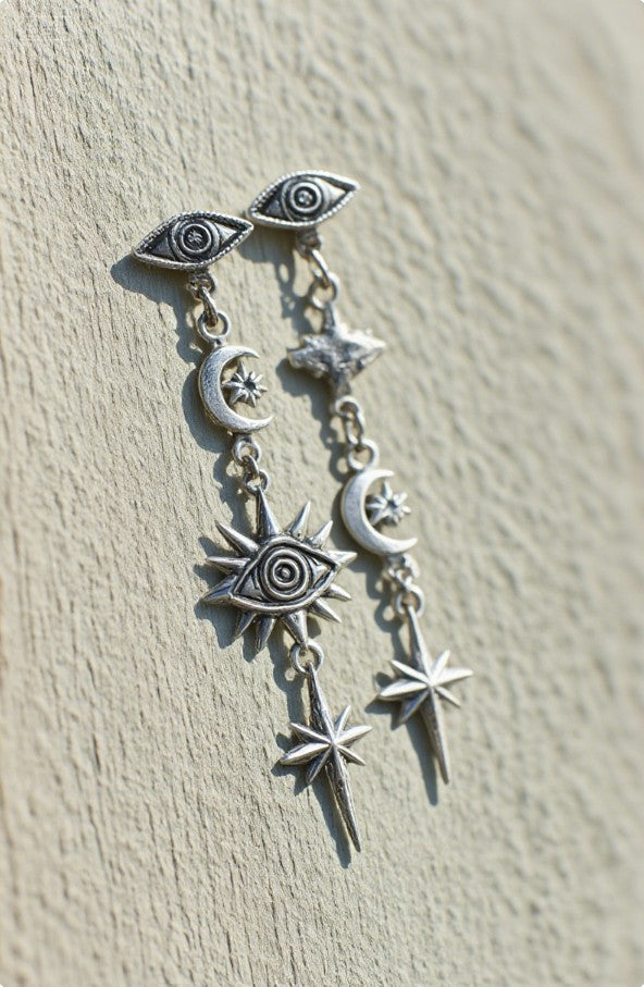 Celestial Eye Drop Earrings – Moon, Star & Eye Dangle Earrings in Antique Silver