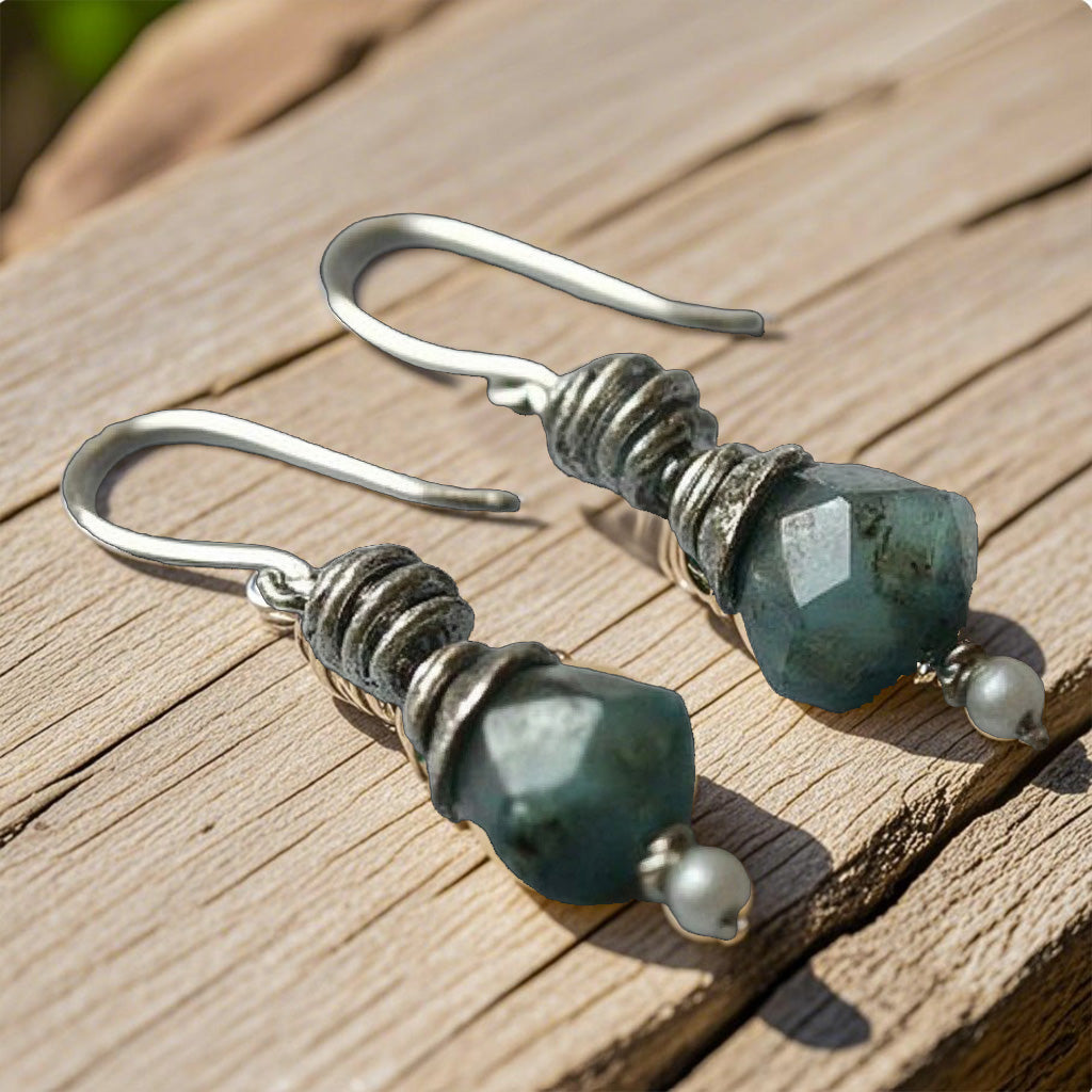 Boho Ocean-Inspired Drop Earrings – Raw Green Gemstone with Antique Silver Accents