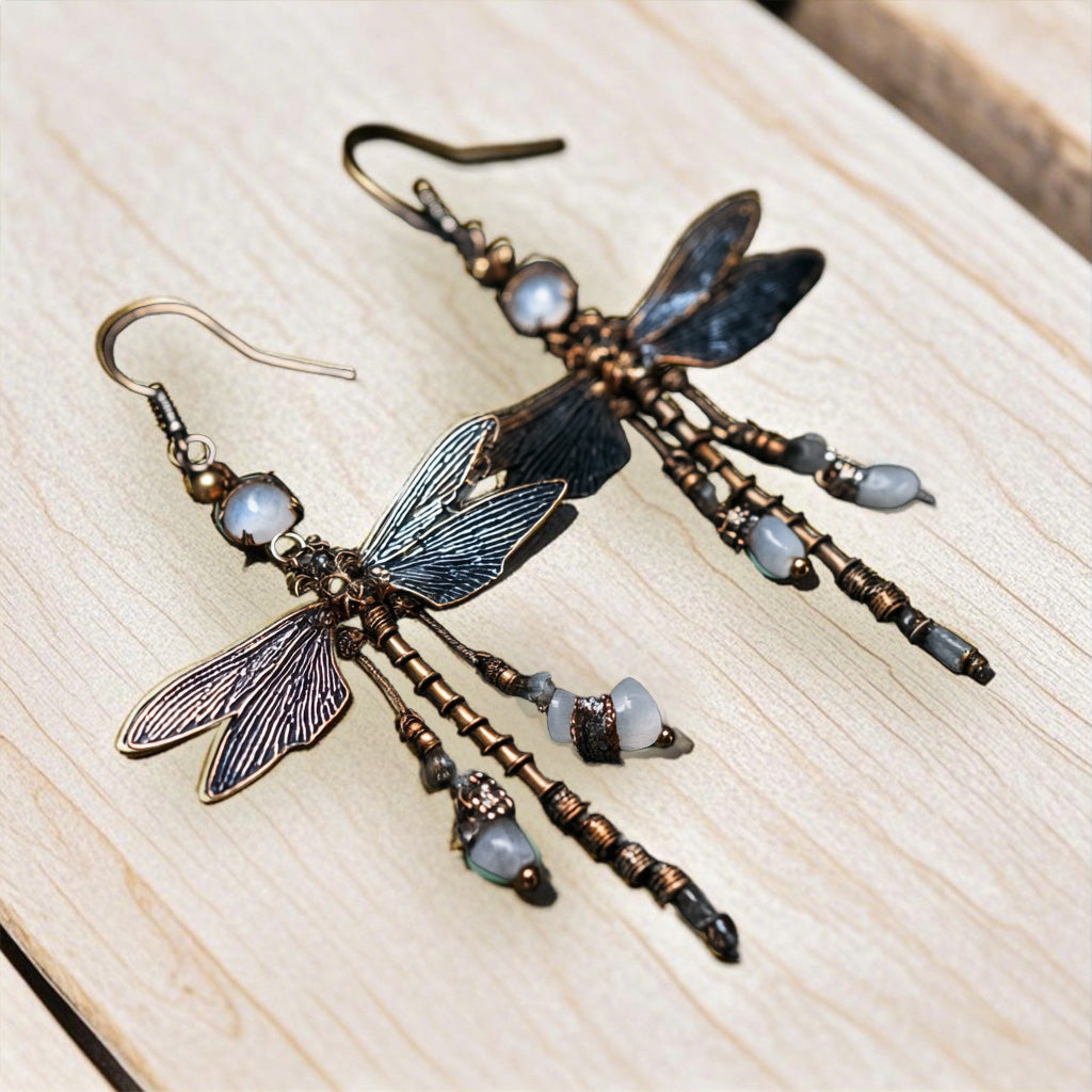 Vintage Dragonfly Dangle Earrings with Beads and Patina Wings