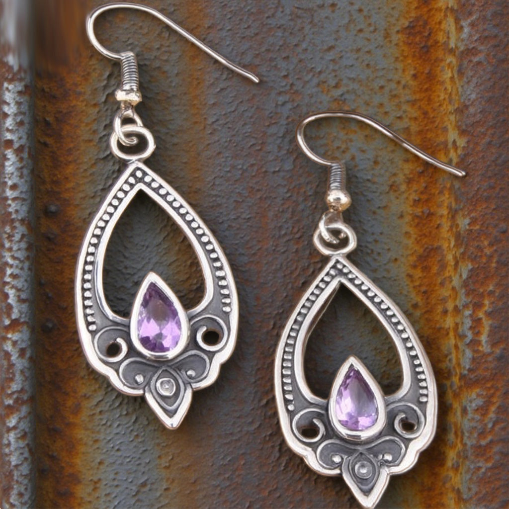 Vintage Teardrop Amethyst Earrings – Boho Filigree Drop Design in Antique Silver