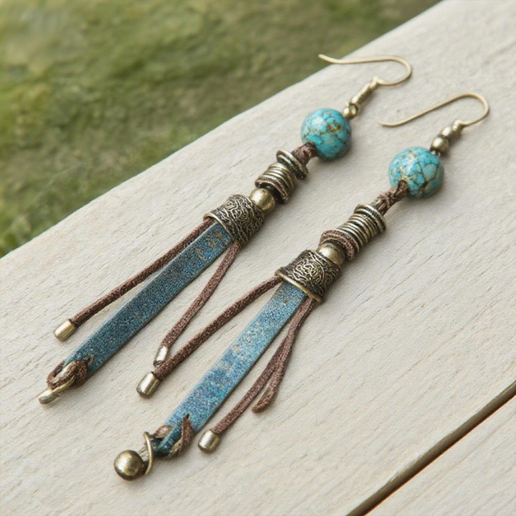 Bohemian Turquoise Leather Tassel Earrings