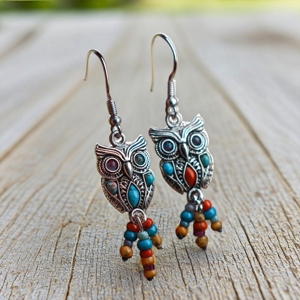 Boho Owl Dangle Earrings with Colorful Beaded Tassels