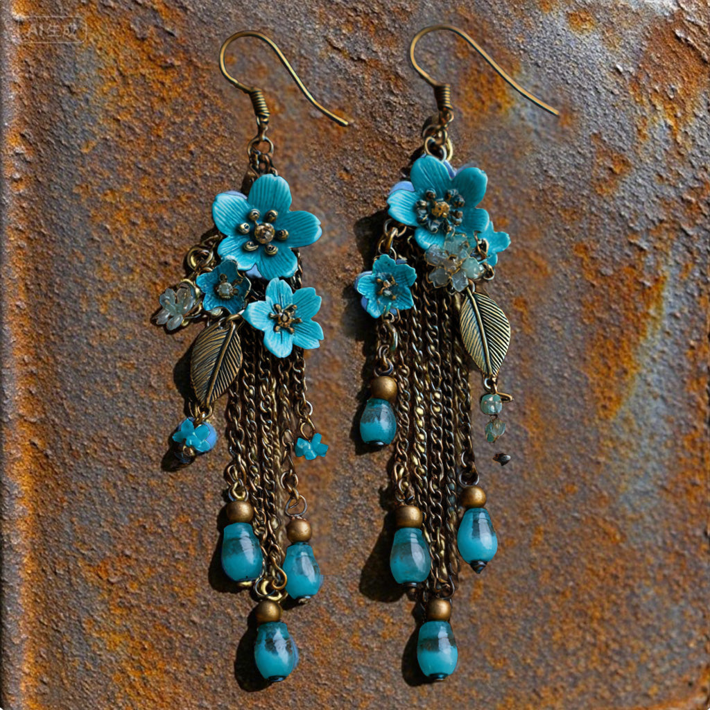Bohemian Blue Floral Tassel Earrings