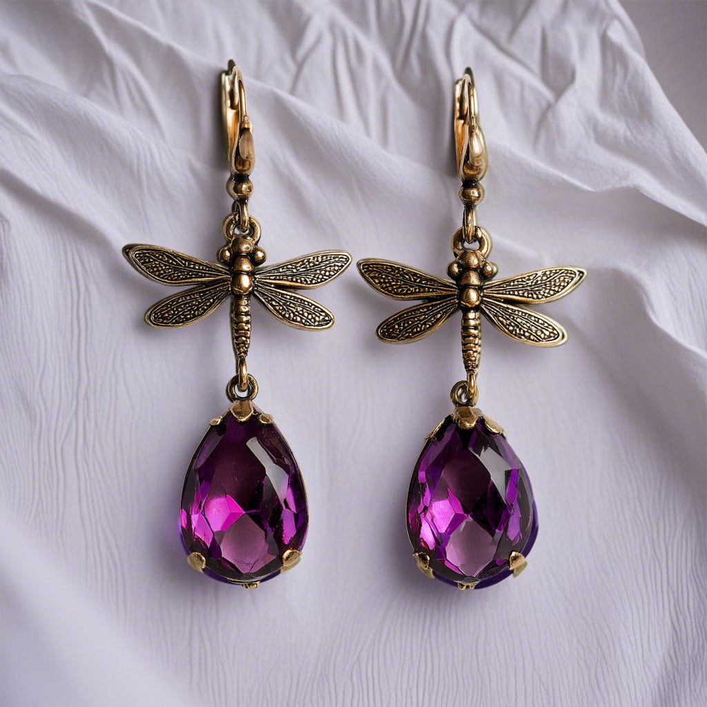 Vintage Dragonfly Drop Earrings – Antique Bronze with Purple Teardrop Crystal