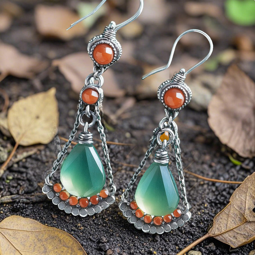 Vintage Teardrop Dangle Earrings – Green Crystal & Orange Bead Boho Earrings for Women