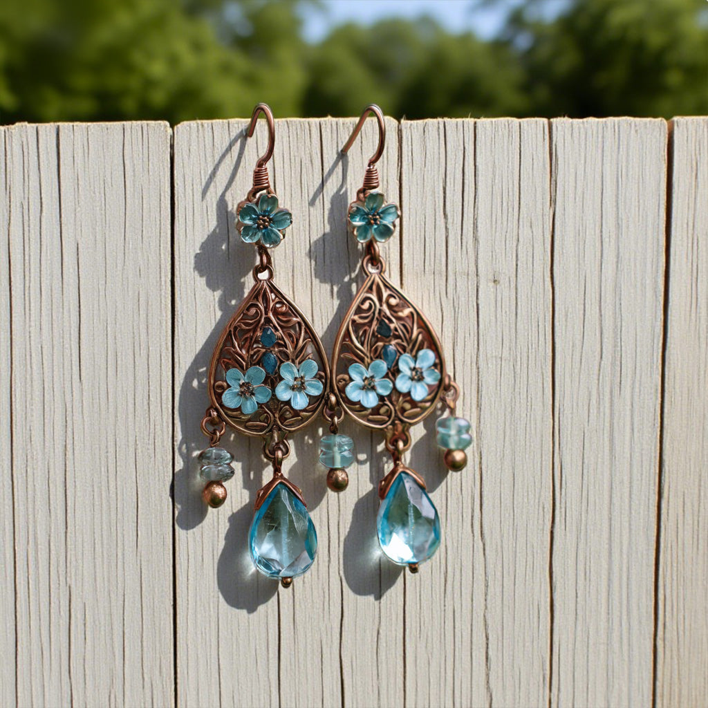 Vintage Floral Chandelier Earrings – Blue Crystal Drop with Bronze Filigree