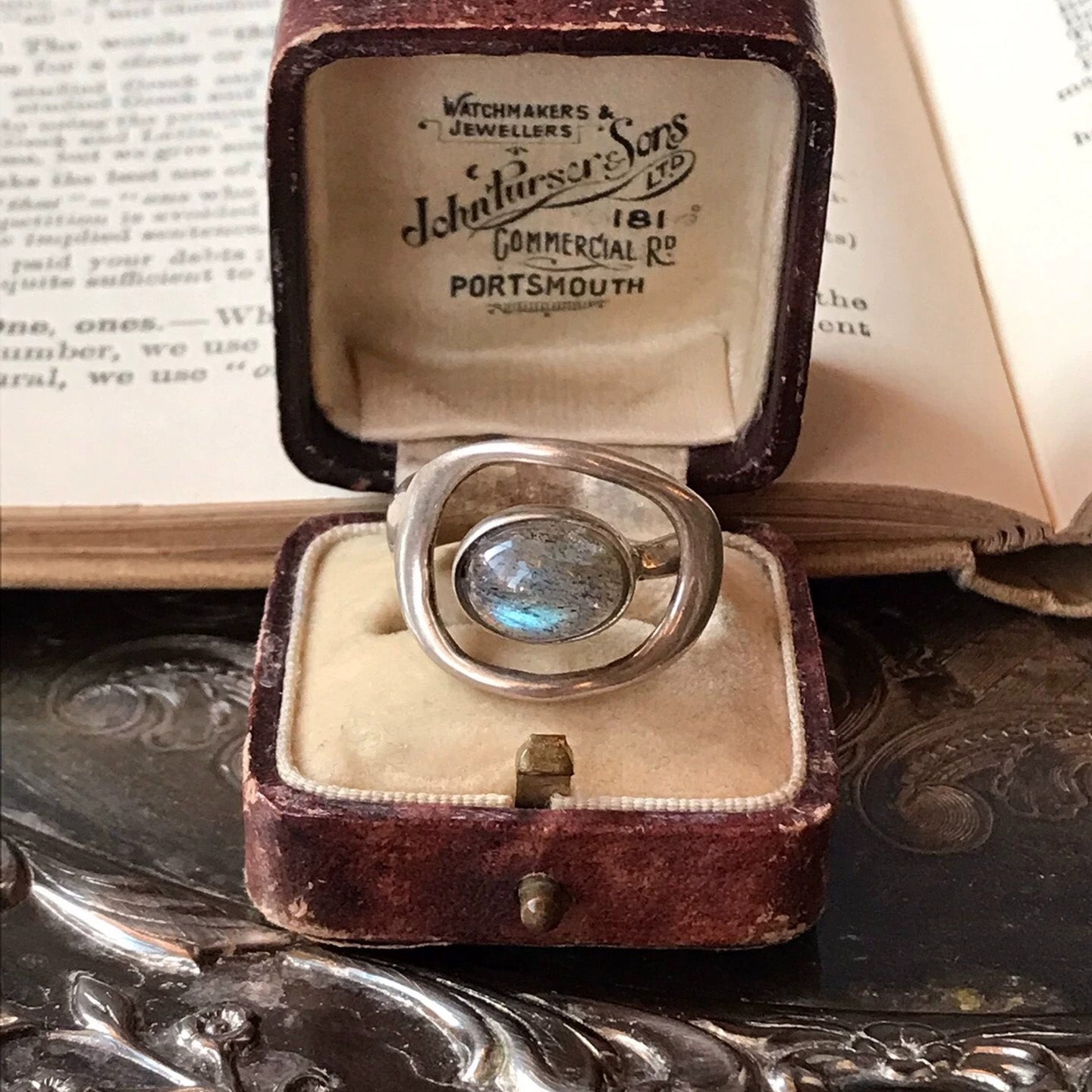 Modern Labradorite Triangle Ring – Sculptural Sterling Silver Open Frame Design