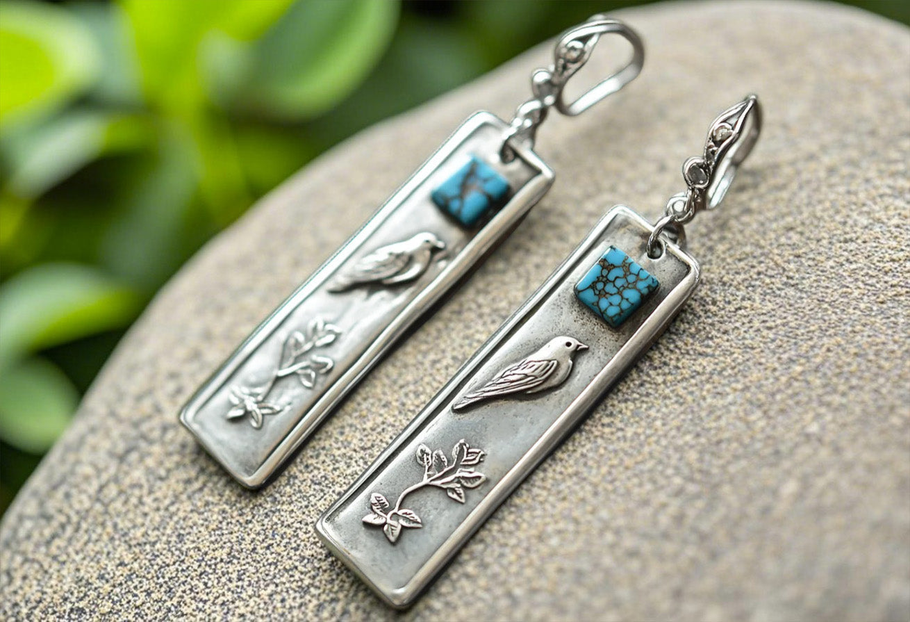 Rustic Bird & Branch Dangle Earrings with Turquoise Accent