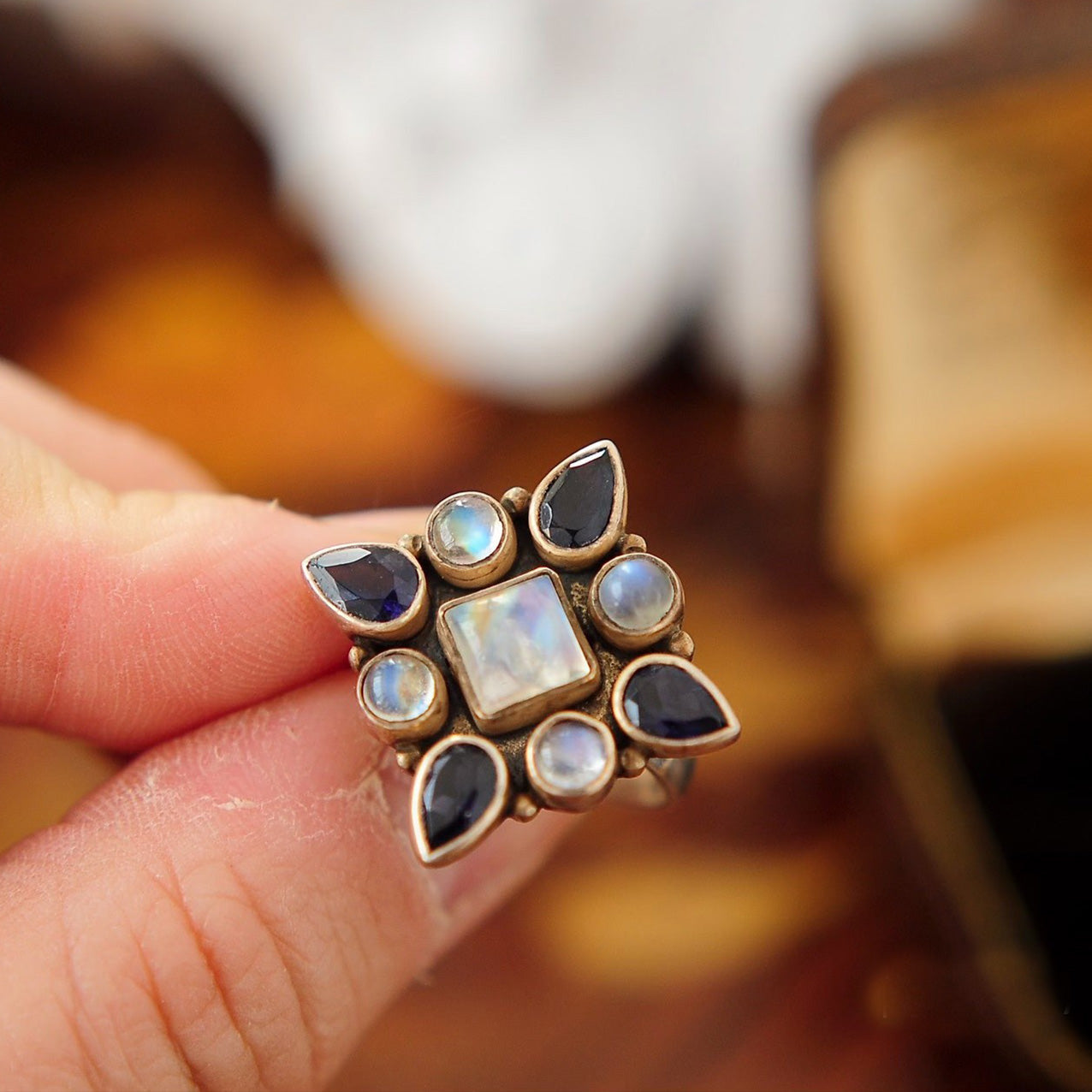 Boho Vintage Statement Ring – Moonstone & Black Onyx Floral Cluster in Antique Bronze Setting