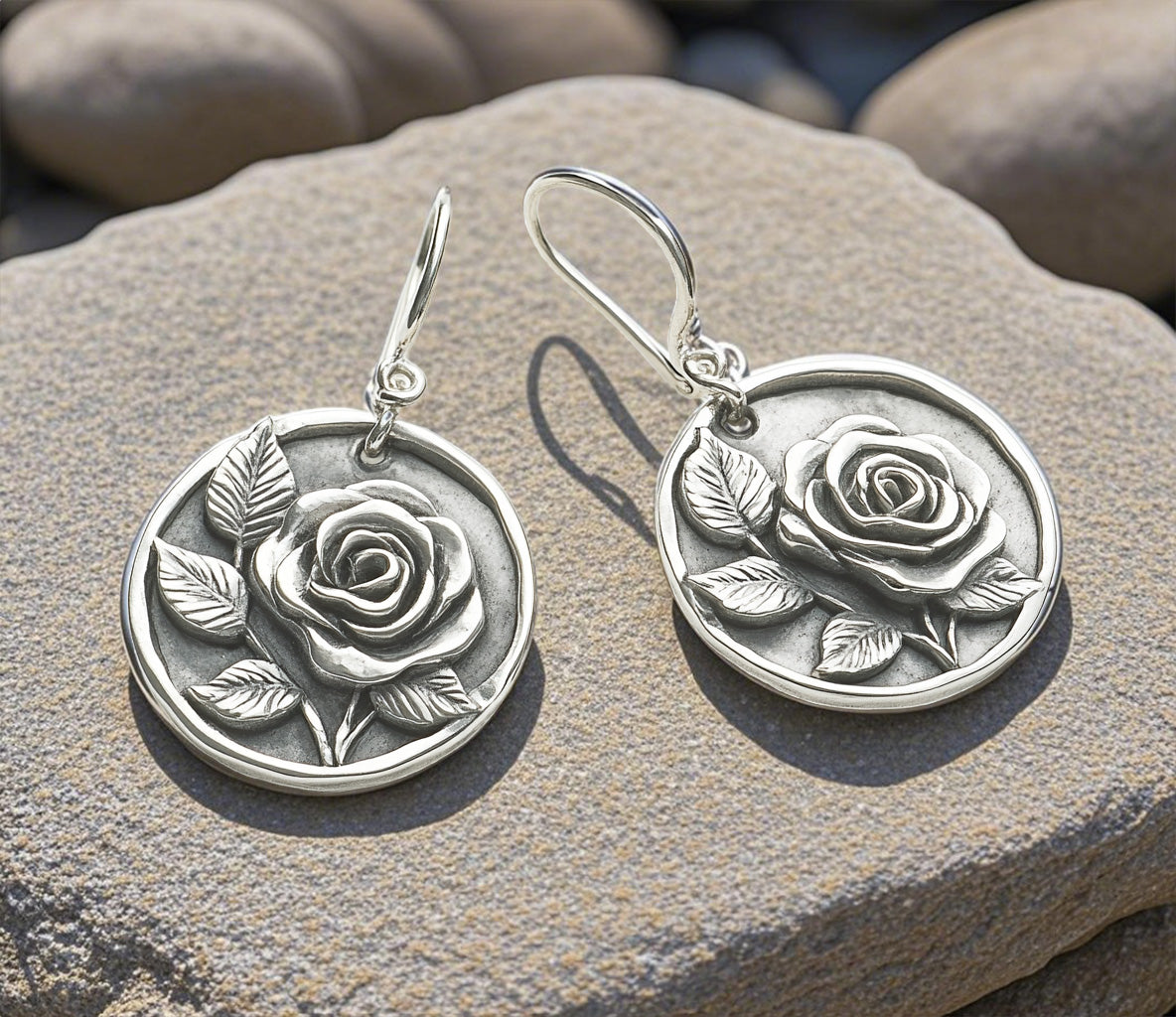 Vintage Rose Medallion Earrings – Antique Silver Floral Drop Earrings