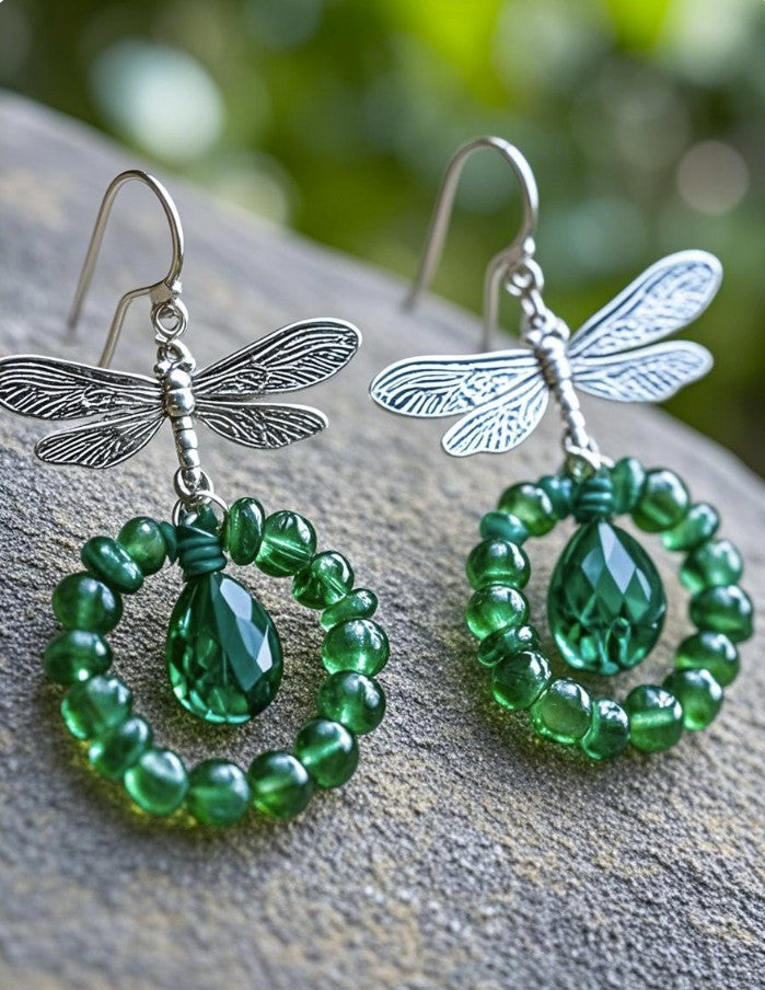 Nature-Inspired Dragonfly & Green Bead Drop Earrings