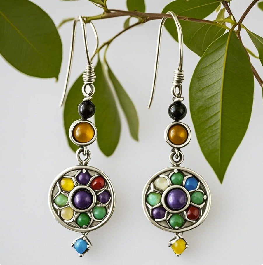 Bohemian Chakra Drop Earrings – Handmade Colorful Gemstone Dangle Earrings for Women
