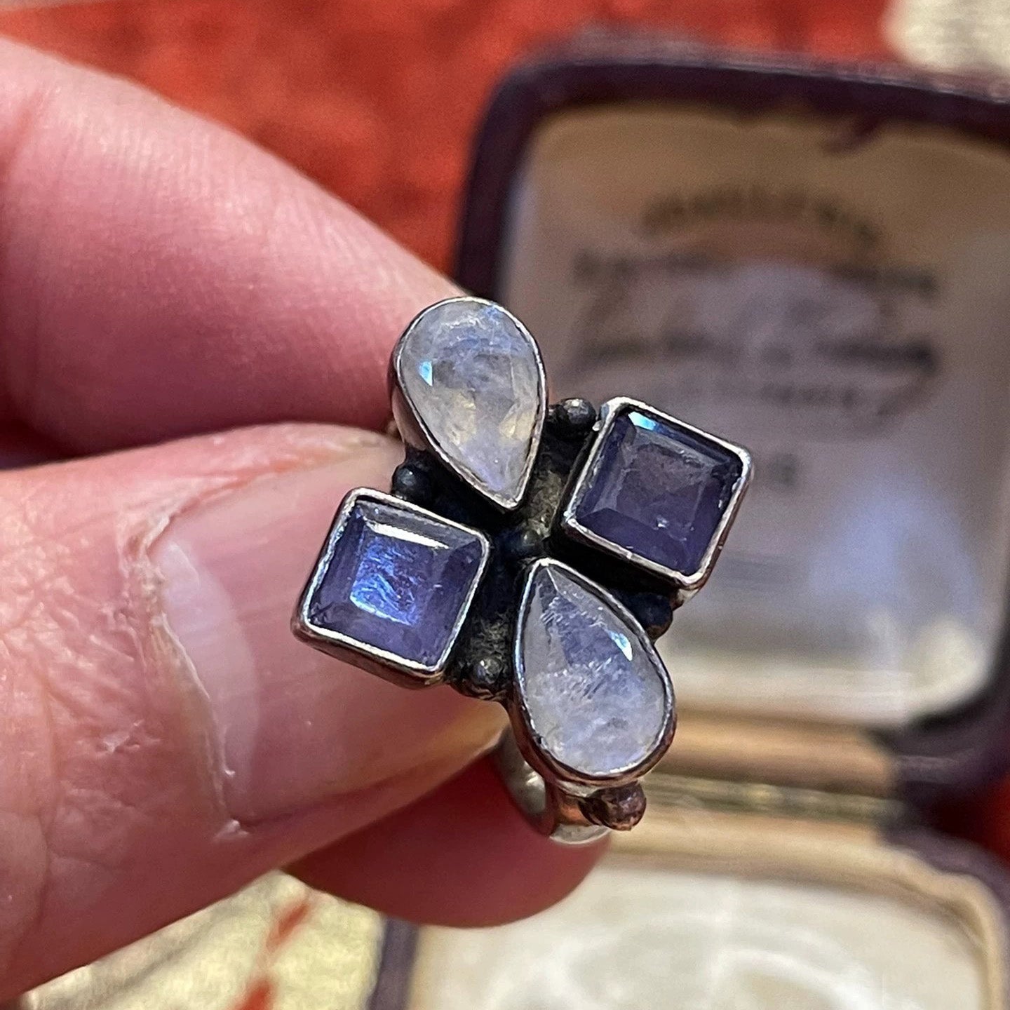 Vintage Moonstone & Amethyst Floral Ring – Sterling Silver Gothic Revival Statement Jewelry