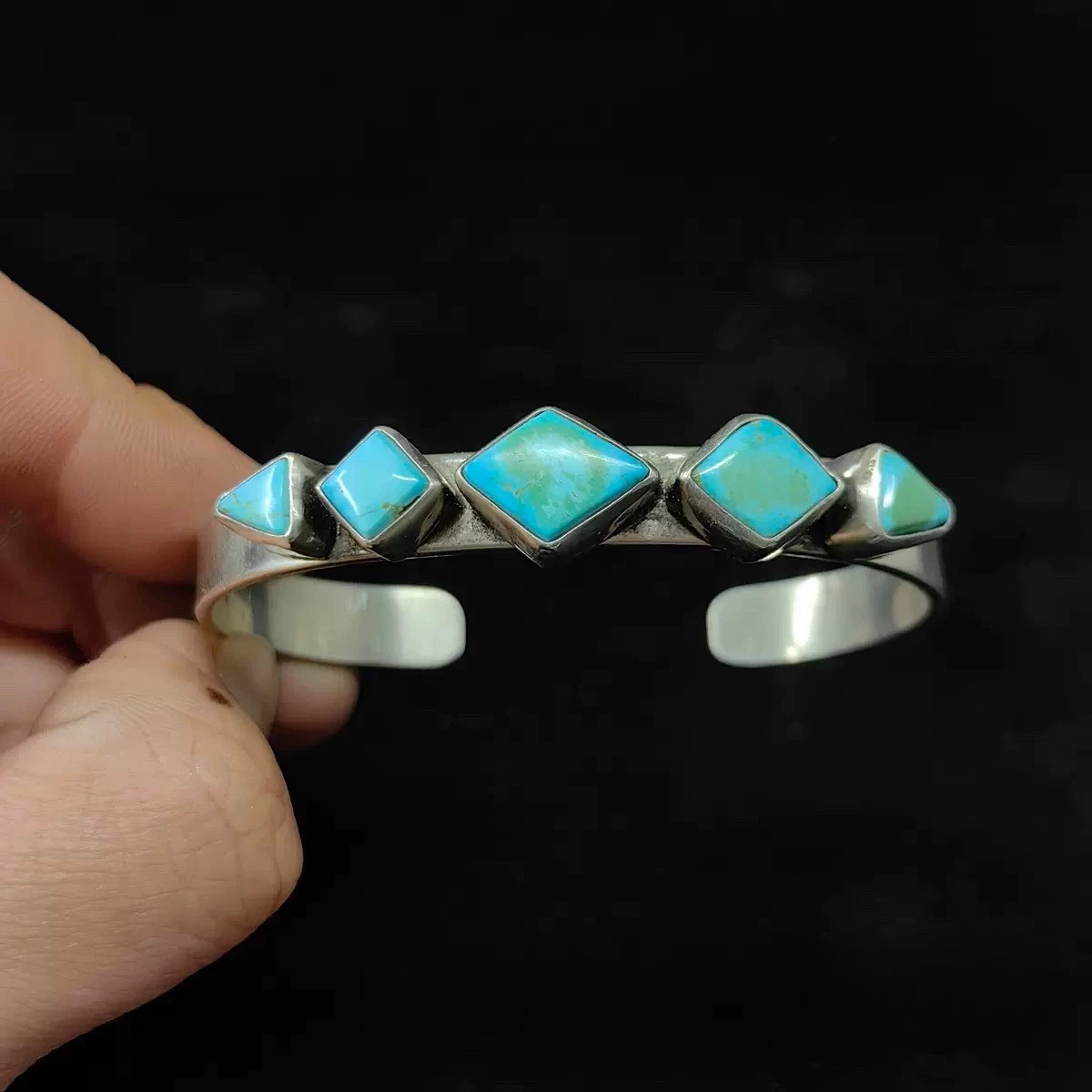 Sterling Silver Cuff Bracelet with Diamond-Shaped Turquoise Inlays – Handmade Southwestern Statement Bangle