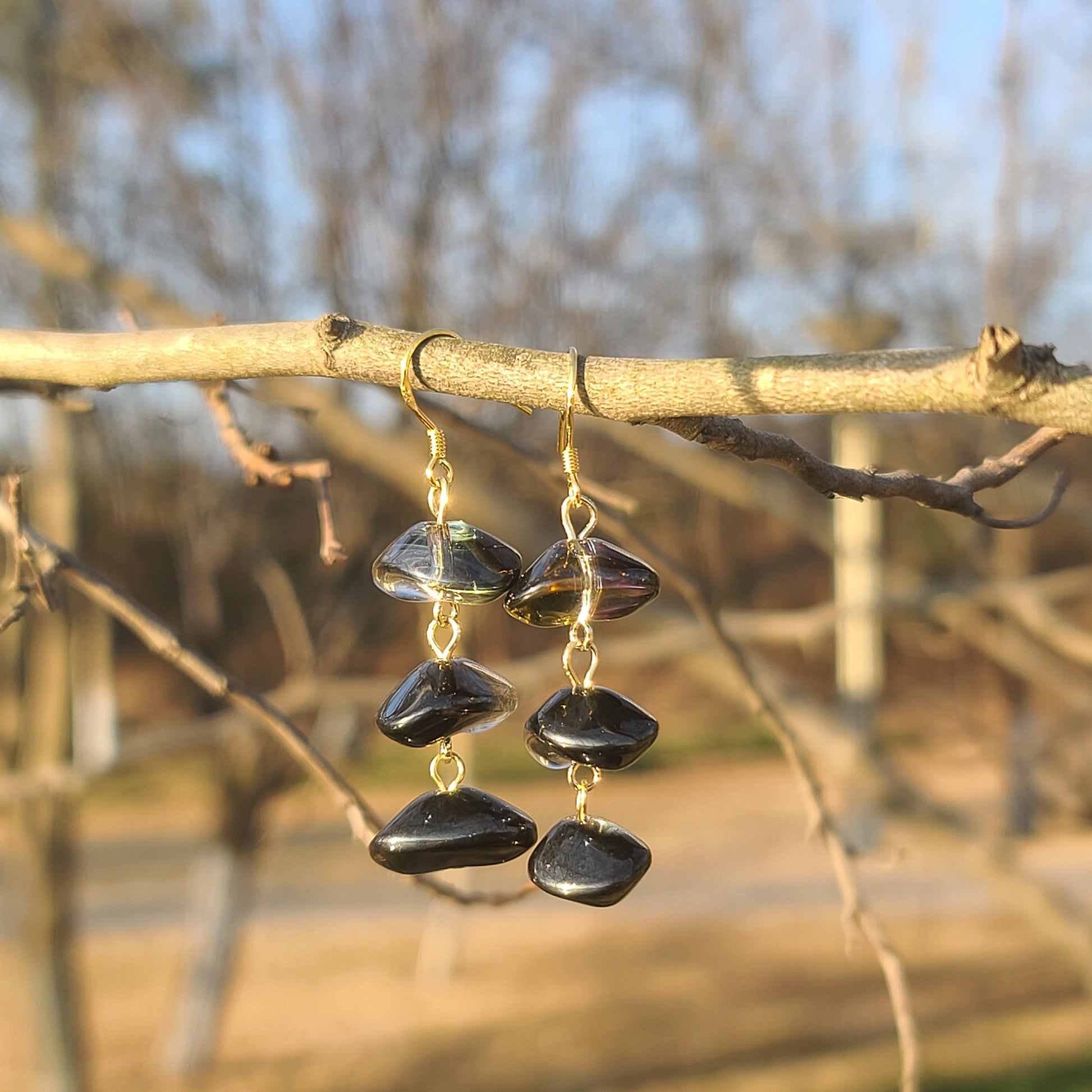 Handmade Black Glass Nugget Drop Earrings – Gold Hook Boho Chic Jewelry