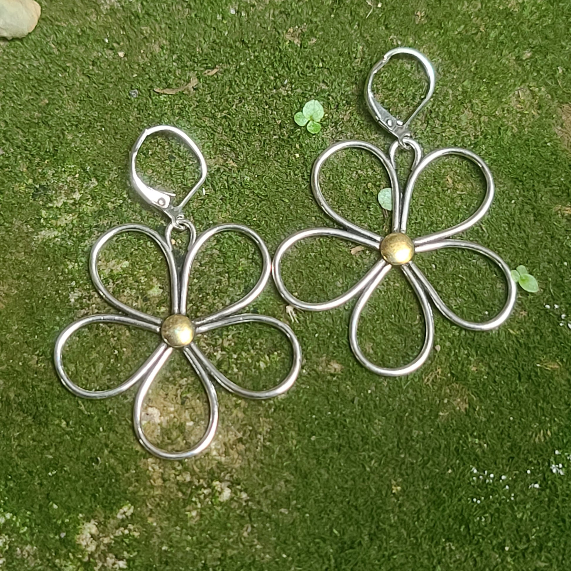 Whimsical Flower Earrings - Handmade Silver Flower Drops with Gold Center